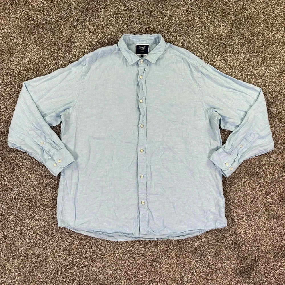 Charles Tyrwhitt‎ Classic Button Up Light Blue Linen Shirt Men XXL Long Sleeve